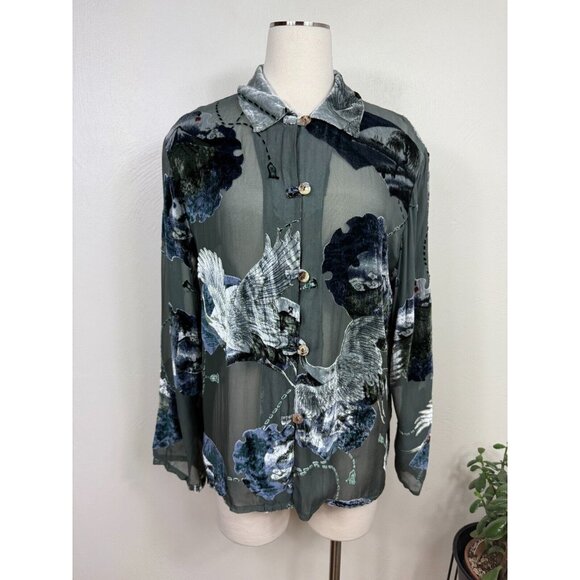 Ania. A Womens Gray Sheer Silk‎ Burnout Japanese Mt. Fuji Blouse - Picture 1 of 16
